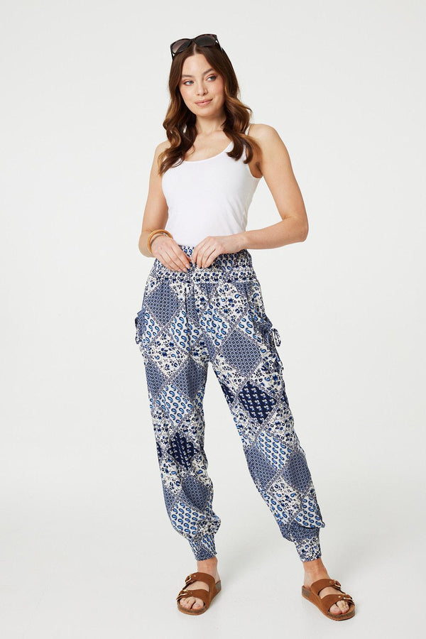 Blue | Patchwork Print High Waist Harem Pants