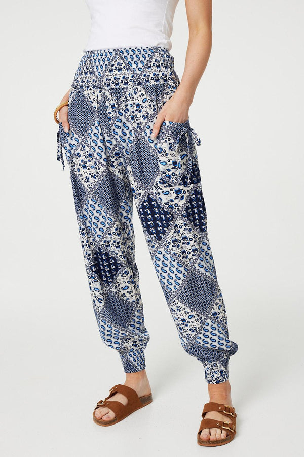 Blue | Patchwork Print High Waist Harem Pants