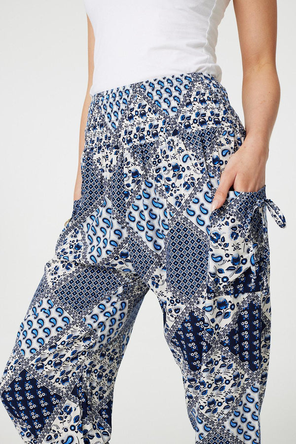 Blue | Patchwork Print High Waist Harem Pants