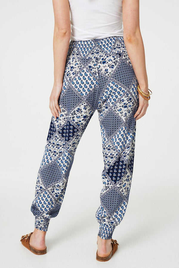 Blue | Patchwork Print High Waist Harem Pants