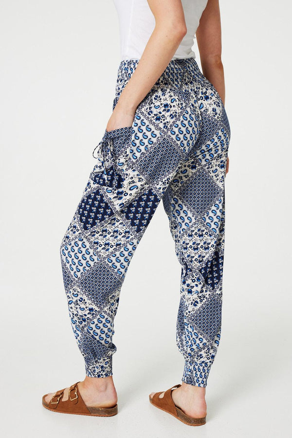 Blue | Patchwork Print High Waist Harem Pants