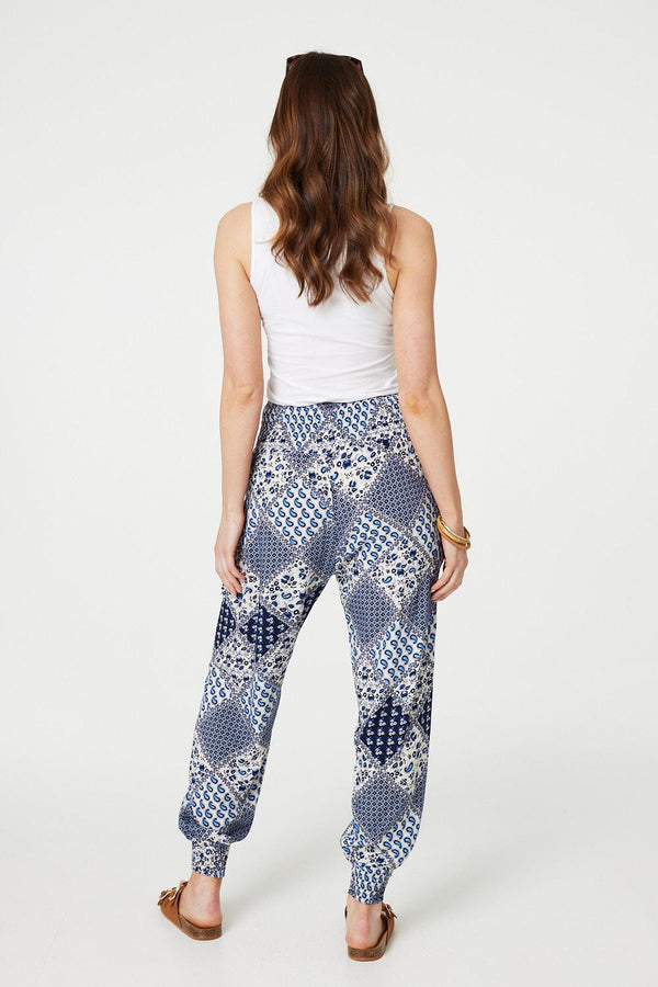 Blue | Patchwork Print High Waist Harem Pants