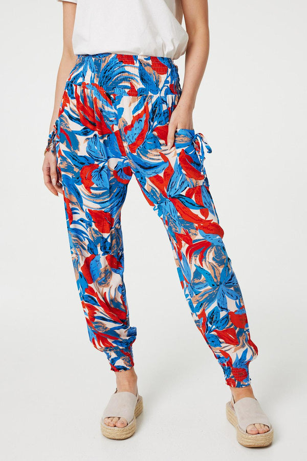 Blue | Tropical Leaf Print Harem Pants