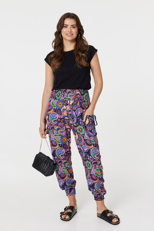 Black | Paisley Tassel Pocket Harem Pants