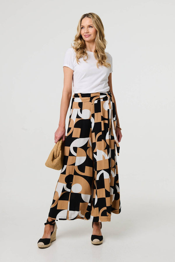 Beige | Abstract High Waist Wide Leg Trousers
