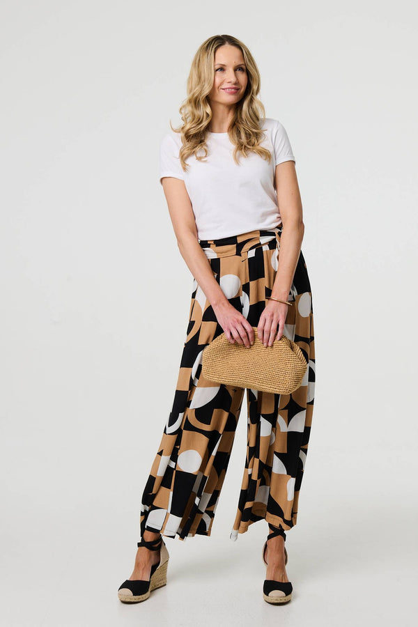 Beige | Abstract High Waist Wide Leg Trousers
