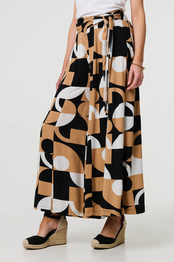 Beige | Abstract High Waist Wide Leg Trousers
