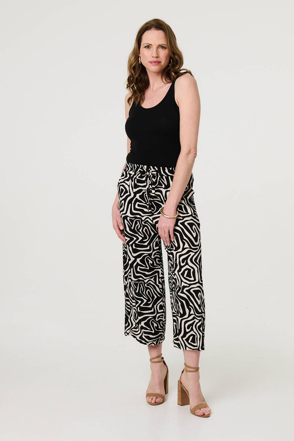 Black | Geo Print Tie Waist Wide Leg Cropped Trousers
