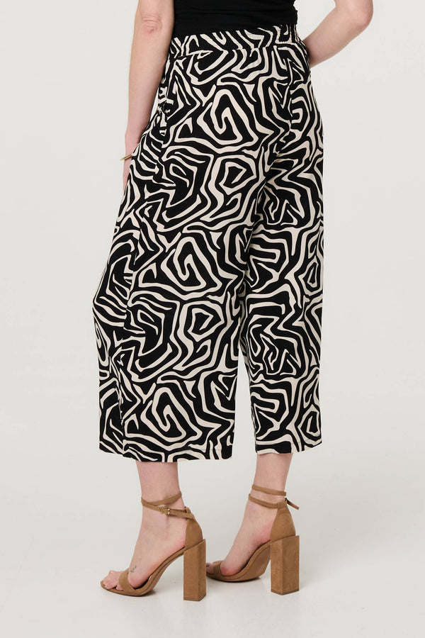 Black | Geo Print Tie Waist Wide Leg Cropped Trousers
