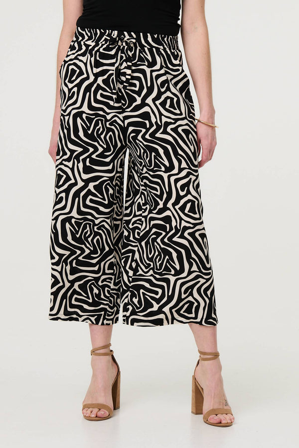 Black | Geo Print Tie Waist Wide Leg Cropped Trousers
