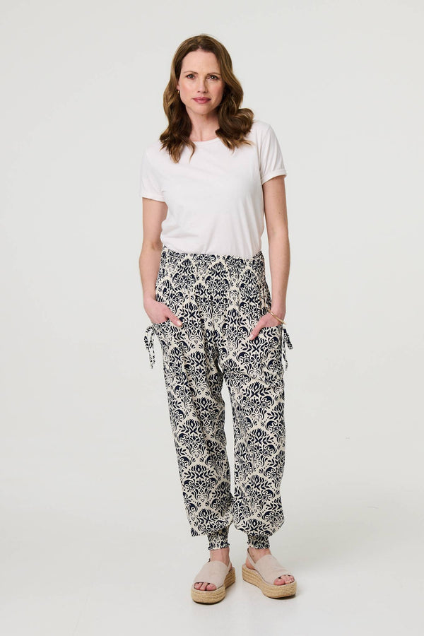 Navy | Ikat Print High Waist Tapered Harem Pants
