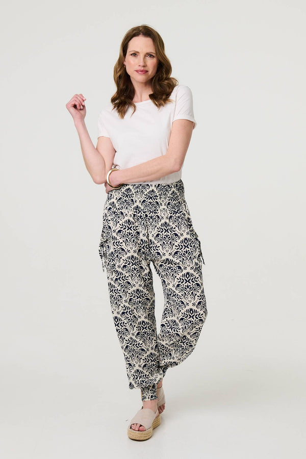 Navy | Ikat Print High Waist Tapered Harem Pants
