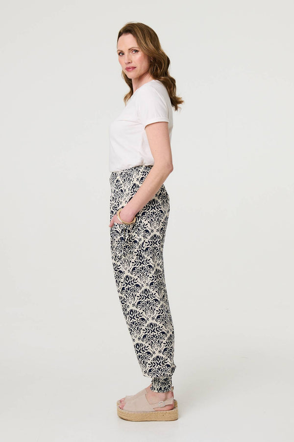 Navy | Ikat Print High Waist Tapered Harem Pants
