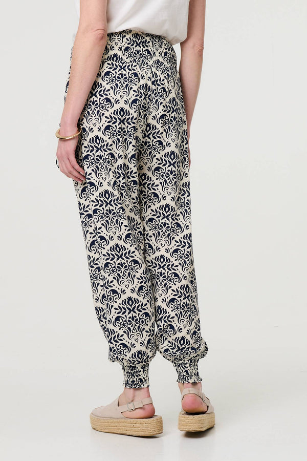 Navy | Ikat Print High Waist Tapered Harem Pants
