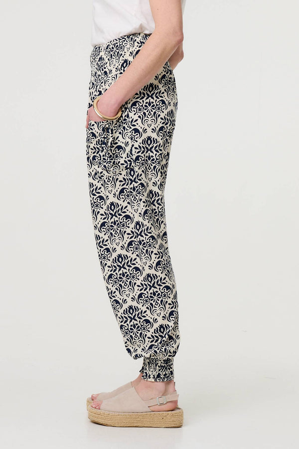 Navy | Ikat Print High Waist Tapered Harem Pants
