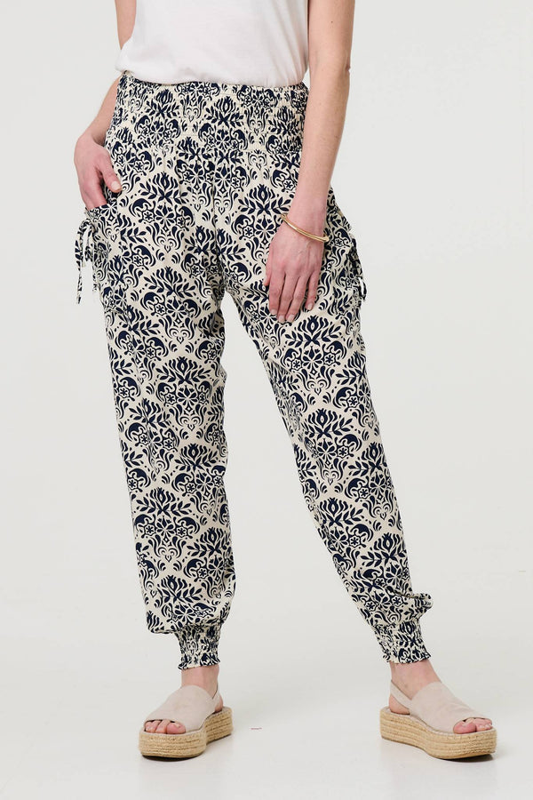 Navy | Ikat Print High Waist Tapered Harem Pants
