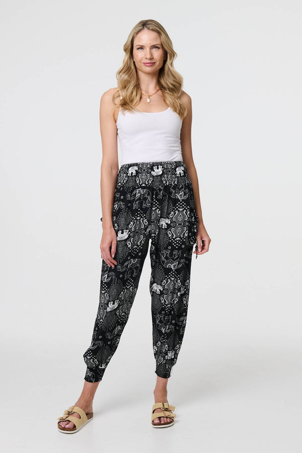 Black | Elephant Print Relaxed Harem Pants
