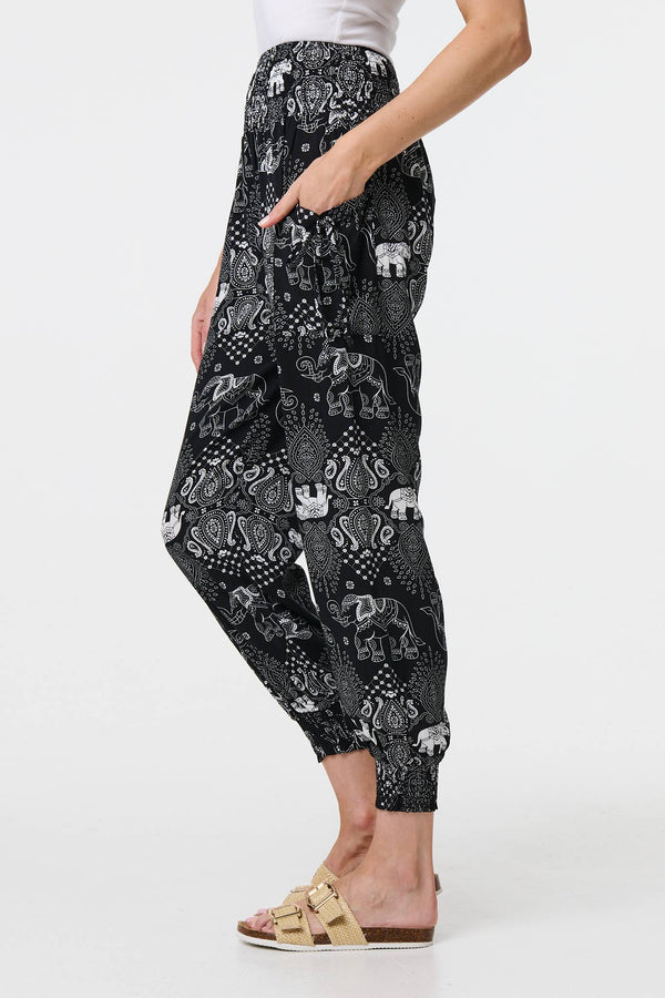 Black | Elephant Print Relaxed Harem Pants
