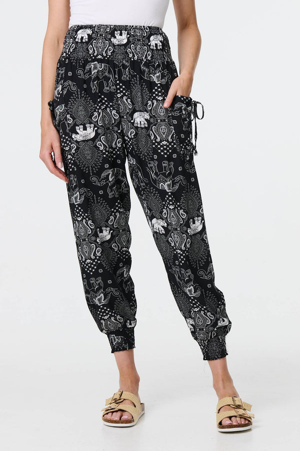 Black | Elephant Print Relaxed Harem Pants
