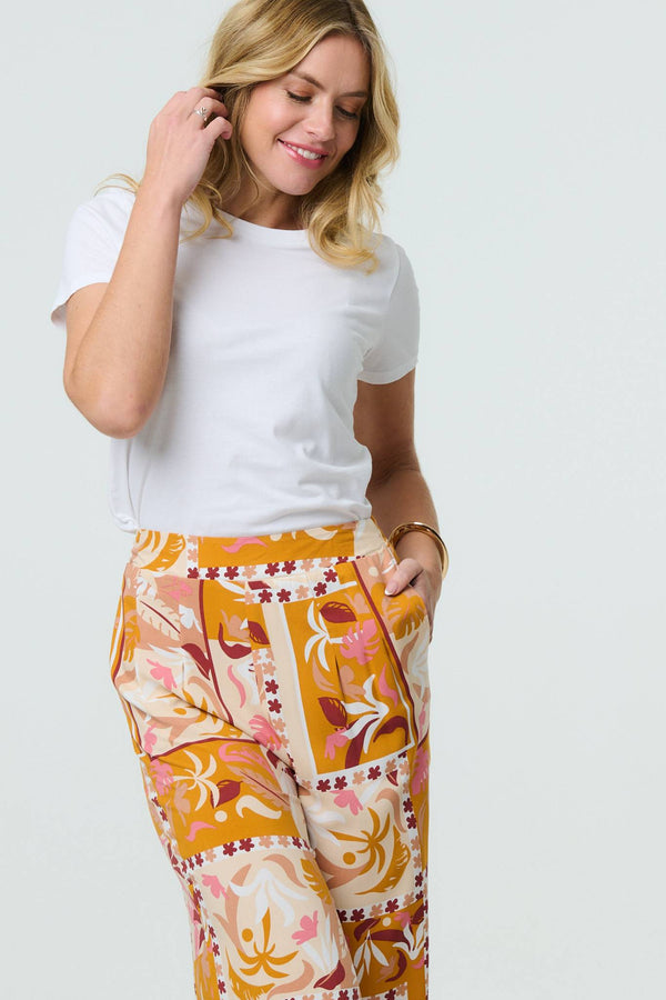 Orange | Patchwork Print High Waist Wide Leg Trousers
