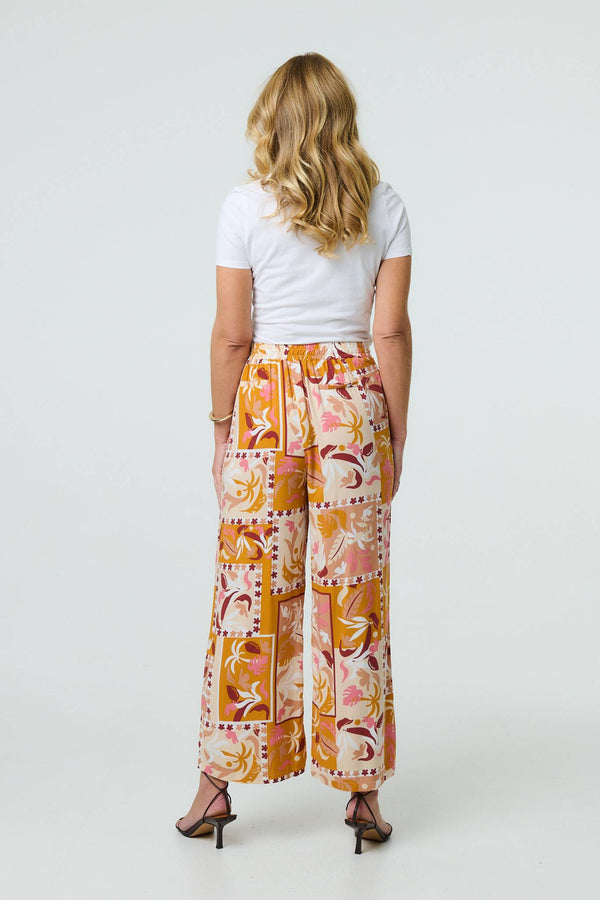 Orange | Patchwork Print High Waist Wide Leg Trousers
