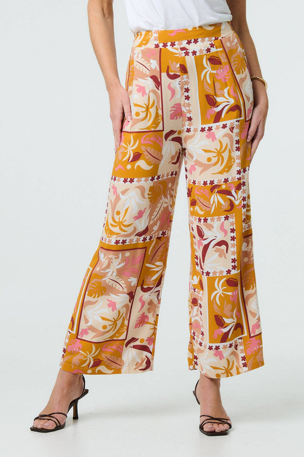 Orange | Patchwork Print High Waist Wide Leg Trousers
