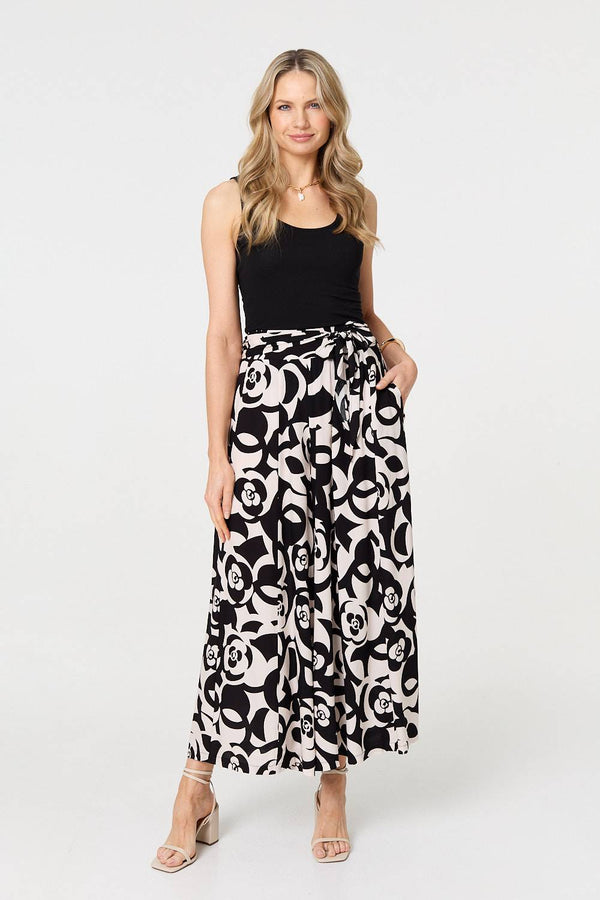 Black | Printed Tie Waist A-Line Maxi Skirt
