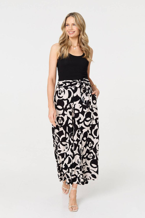 Black | Printed Tie Waist A-Line Maxi Skirt
