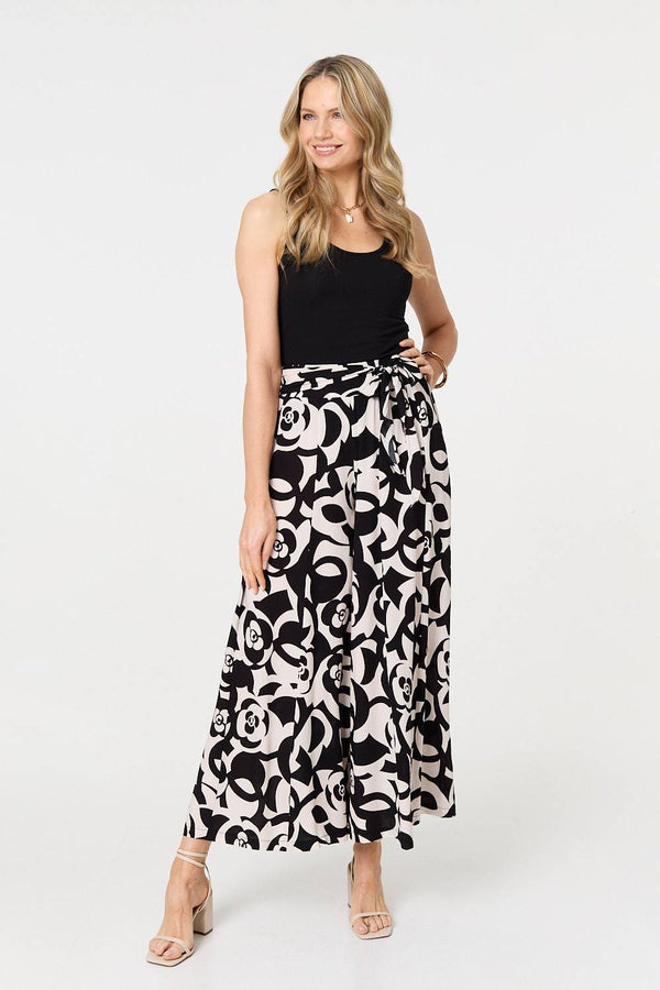 Black | Printed Tie Waist A-Line Maxi Skirt
