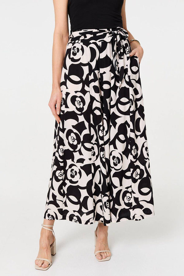 Black | Printed Tie Waist A-Line Maxi Skirt
