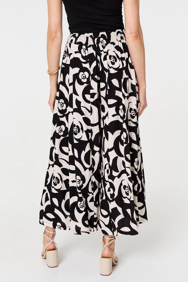 Black | Printed Tie Waist A-Line Maxi Skirt
