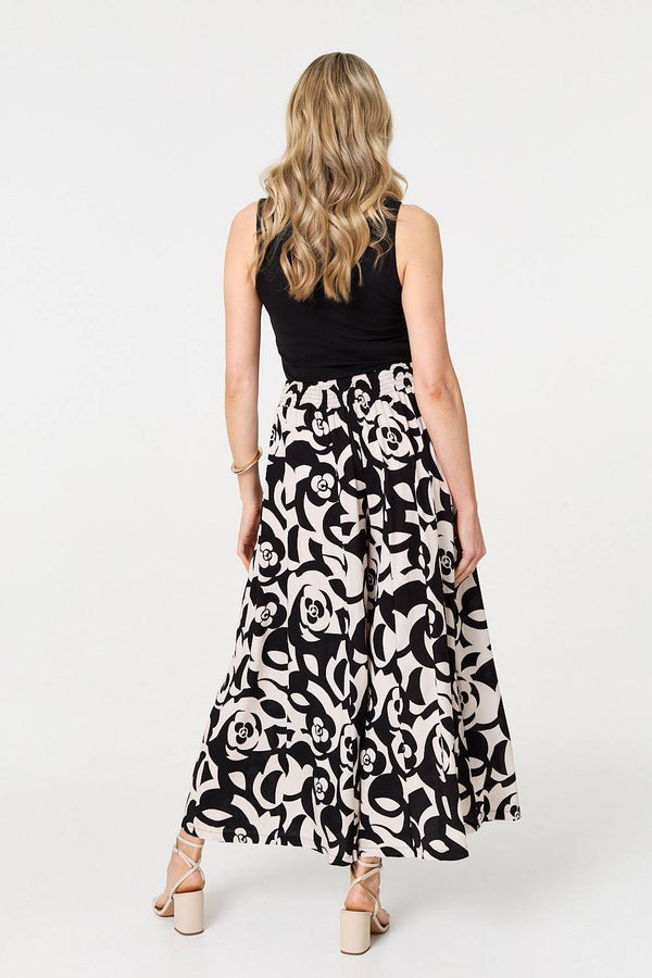 Black | Printed Tie Waist A-Line Maxi Skirt
