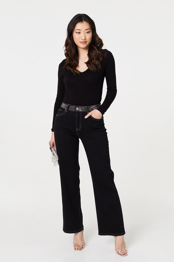 Black | Diamante Stud High Waist Straight Jeans : Model is 5'9"/175 cm and wears UK8/EU36/US4/AUS8
