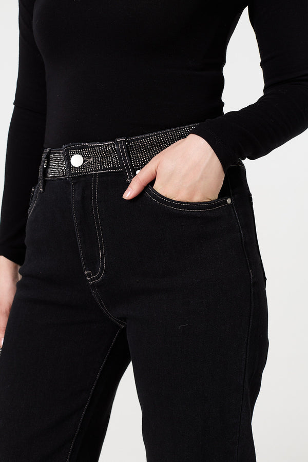 Black | Diamante Stud High Waist Straight Jeans
