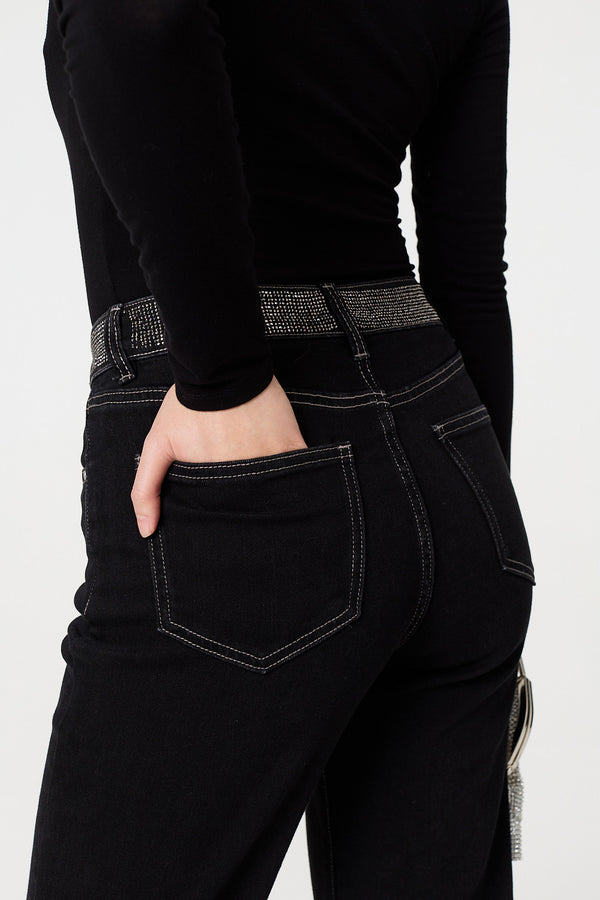 Black | Diamante Stud High Waist Straight Jeans
