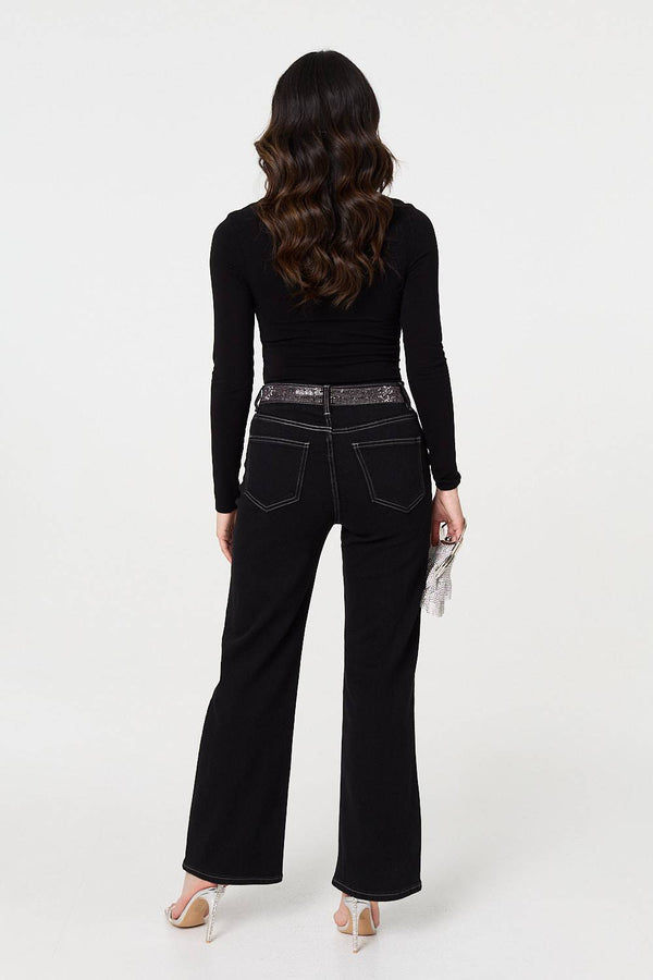 Black | Diamante Stud High Waist Straight Jeans
