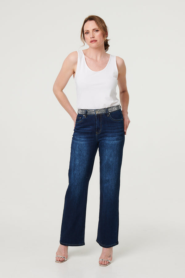 Blue | Diamante Stud High Waist Straight Jeans : Model is 5'9"/175 cm and wears UK10/EU38/US6/AUS10
