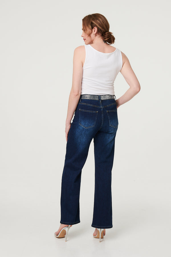 Blue | Diamante Stud High Waist Straight Jeans
