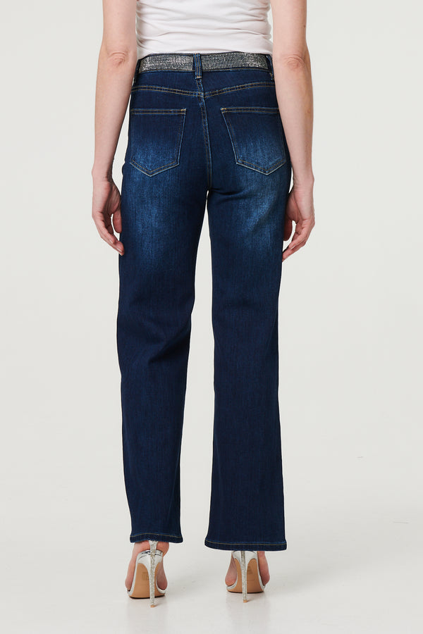 Blue | Diamante Stud High Waist Straight Jeans
