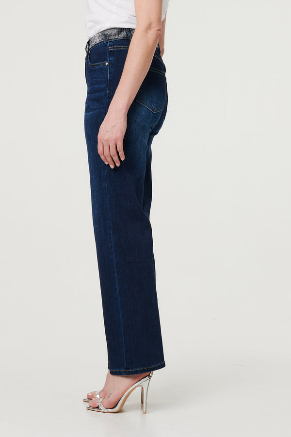 Blue | Diamante Stud High Waist Straight Jeans
