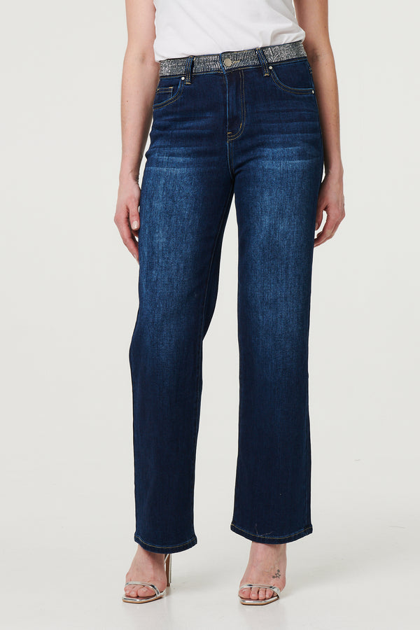 Blue | Diamante Stud High Waist Straight Jeans
