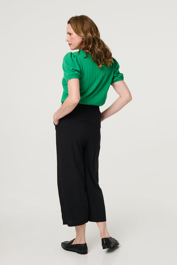 Black | High Waist Wide Leg Cropped Trousers
