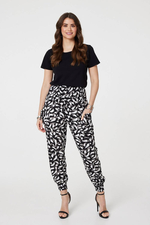 Black | Feather Print Harem Pants with Pockets