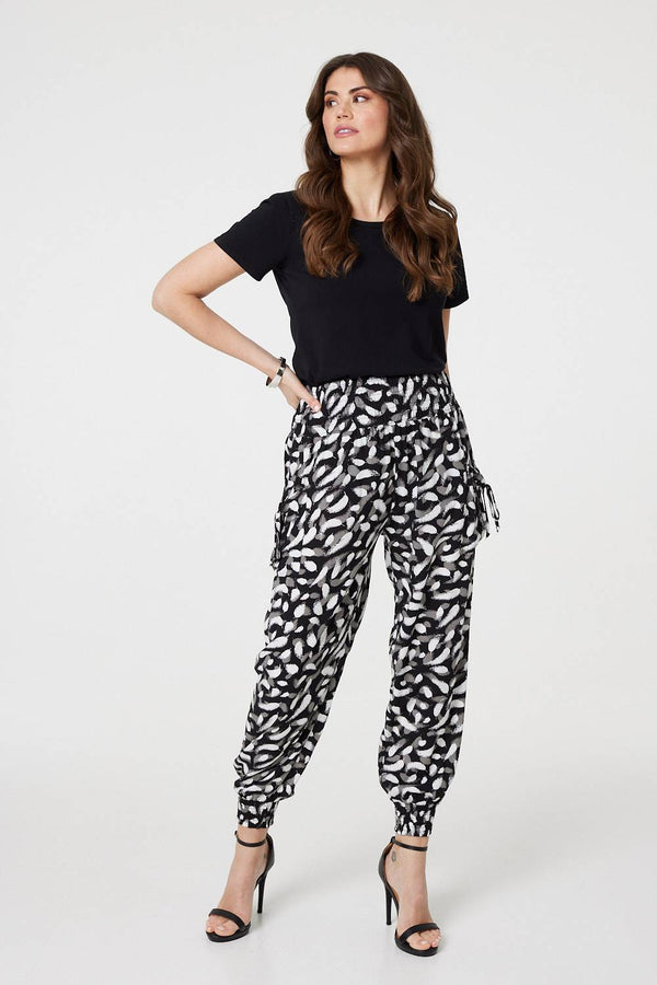 Black | Feather Print Harem Pants with Pockets