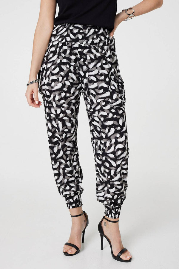 Black | Feather Print Harem Pants with Pockets