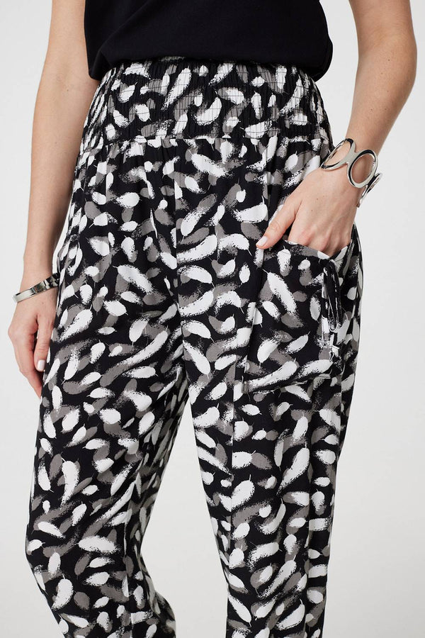 Black | Feather Print Harem Pants with Pockets