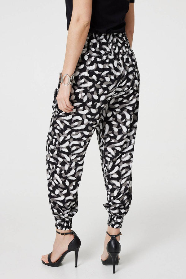 Black | Feather Print Harem Pants with Pockets