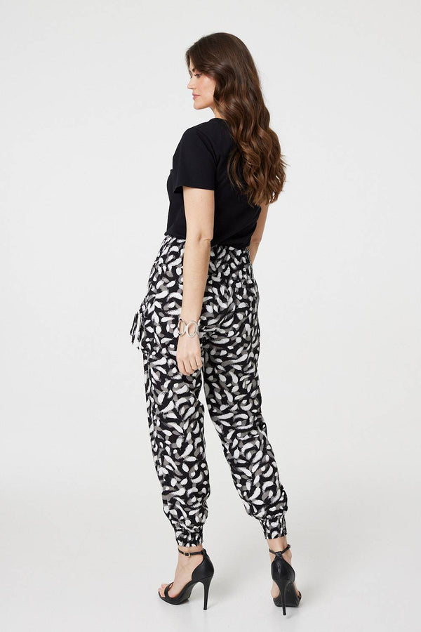 Black | Feather Print Harem Pants with Pockets