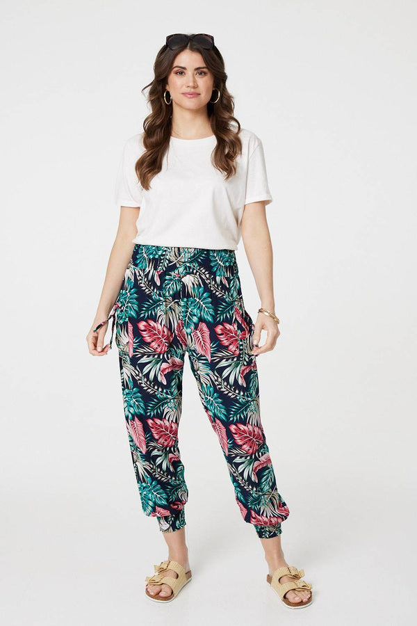 Navy | Leaf Print Harem Pants with Pockets