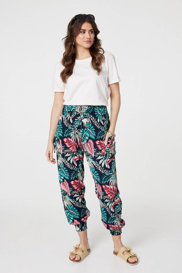 Navy | Leaf Print Harem Pants with Pockets